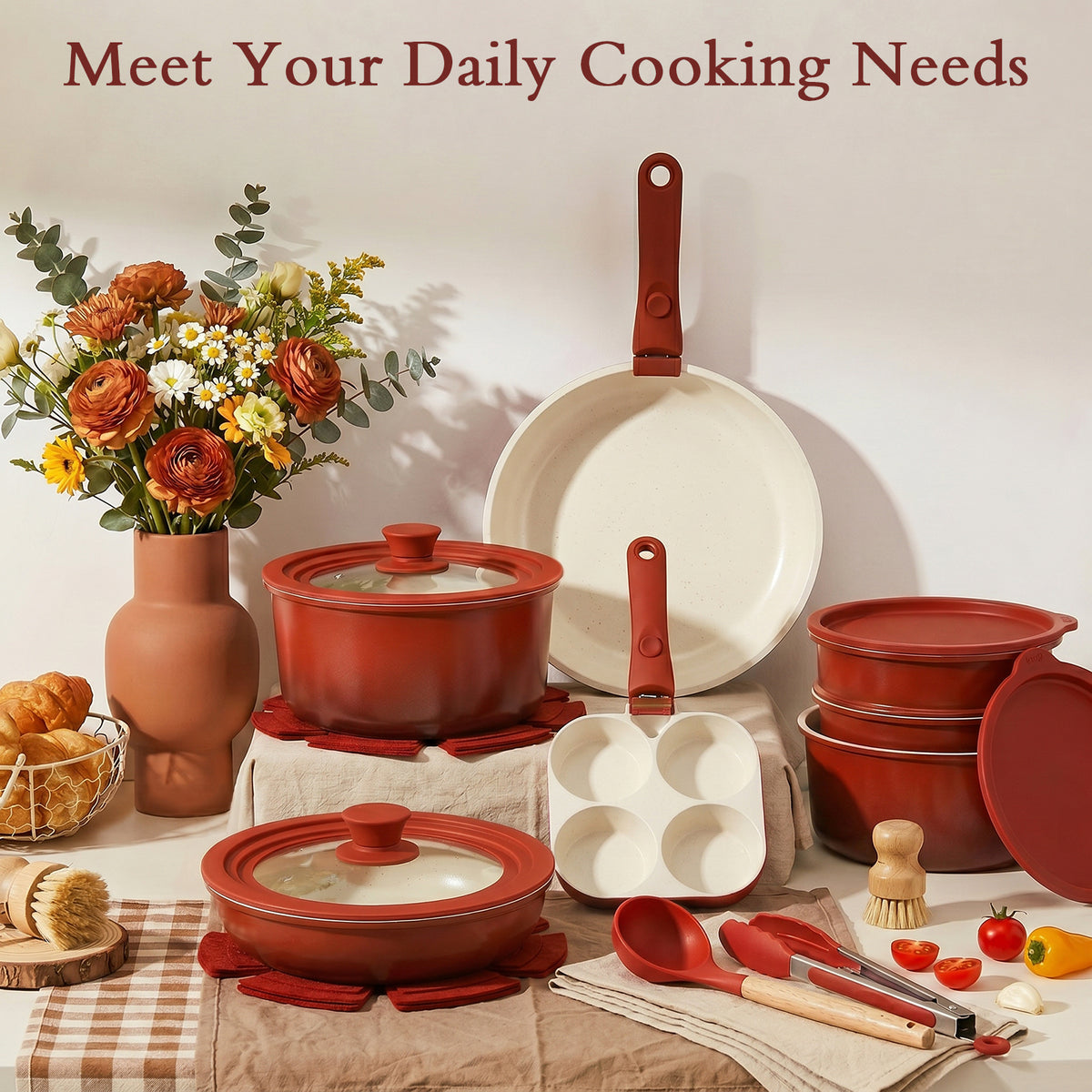 GIPP Large Size 21 Piece Pots and Pans Set Non Stick,with 12 inch Frying Pan,Cookware Set with Detachable Handles, Safe for Ovens and Dishwashers,Induction Cookware