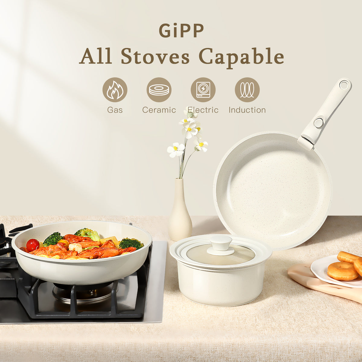 GIPP 17 Piece Ceramic Nonstick Pots and Pans Set,Cookware Set with Detachable Handles, Oven Dishwashers Safe,Induction Compatible,RV Kitchen Cooking Set