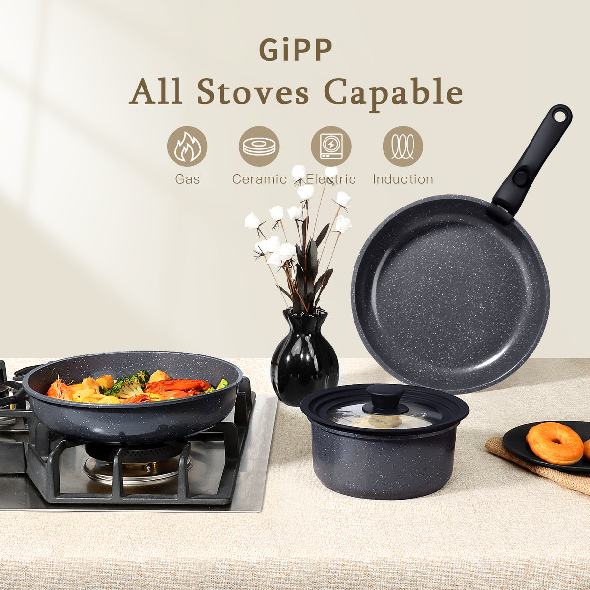 GIPP 17 Piece Ceramic Nonstick Pots and Pans Set,Cookware Set with Detachable Handles, Oven Dishwashers Safe,Induction Compatible,RV Kitchen Cooking Set