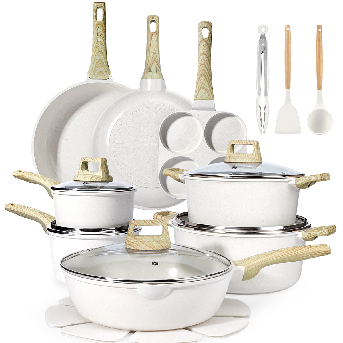 GIPP 22pcs Kitchen Cookware Sets, Ceramic Nonstick Pots and Pans Set,Dishwasher Safe Induction Cookware