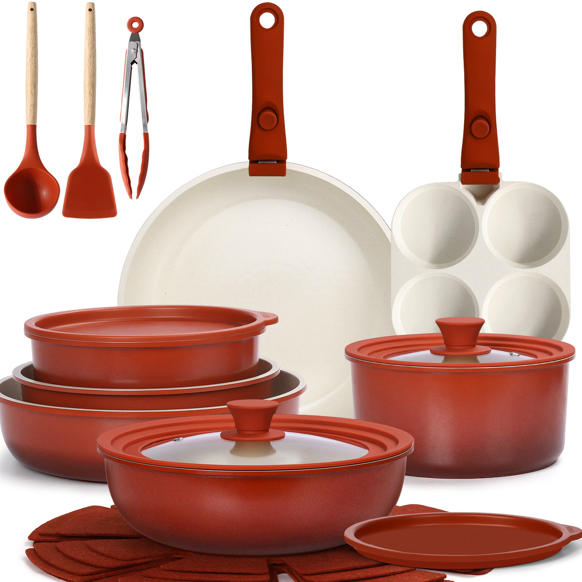 GIPP Large Size 21 Piece Pots and Pans Set Non Stick,with 12 inch Frying Pan,Cookware Set with Detachable Handles, Safe for Ovens and Dishwashers,Induction Cookware