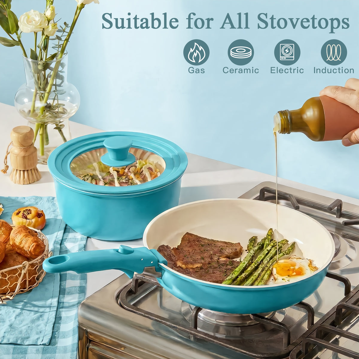 GIPP Large Size 21 Piece Pots and Pans Set Non Stick,with 12 inch Frying Pan,Cookware Set with Detachable Handles, Safe for Ovens and Dishwashers,Induction Cookware