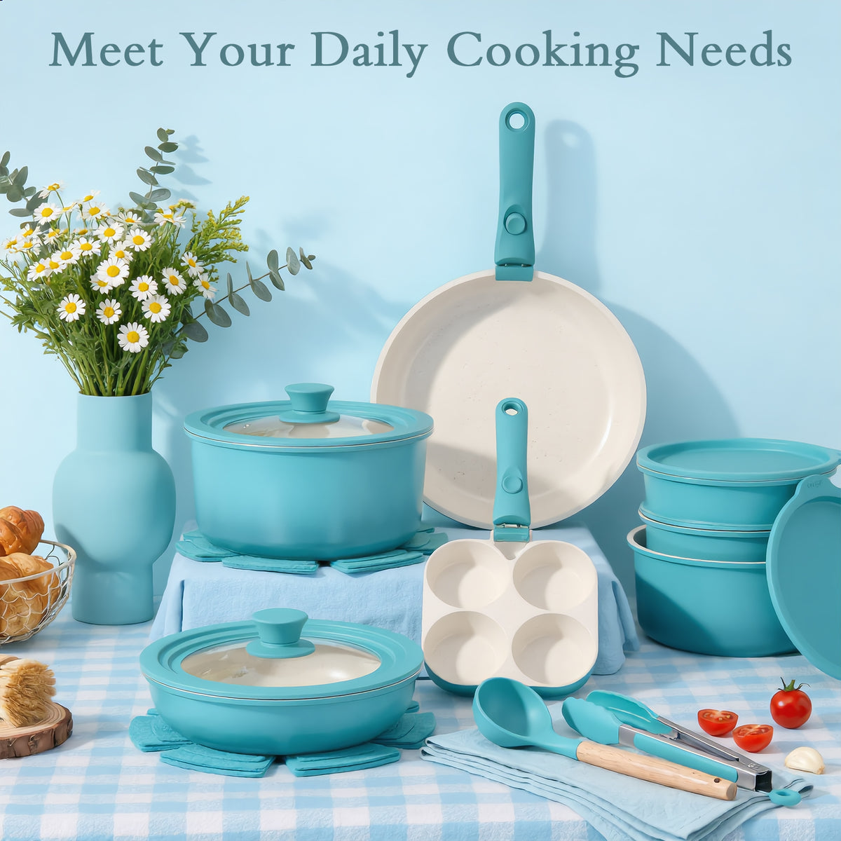 GIPP Large Size 21 Piece Pots and Pans Set Non Stick,with 12 inch Frying Pan,Cookware Set with Detachable Handles, Safe for Ovens and Dishwashers,Induction Cookware