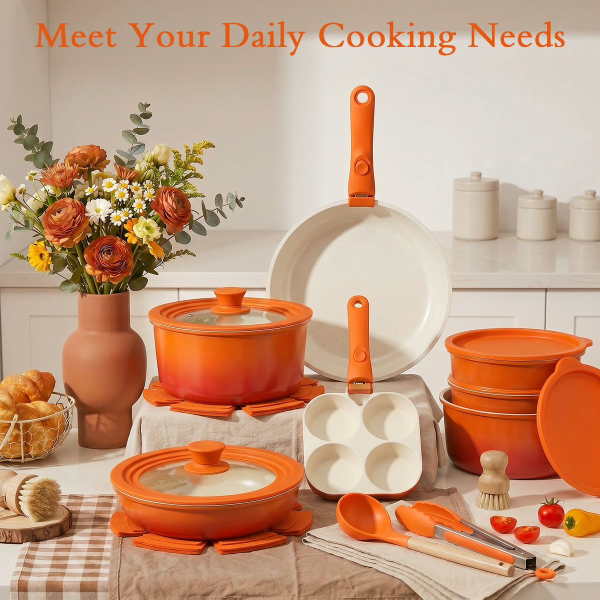 GIPP Large Size 21 Piece Pots and Pans Set Non Stick,with 12 inch Frying Pan,Cookware Set with Detachable Handles, Safe for Ovens and Dishwashers,Induction Cookware