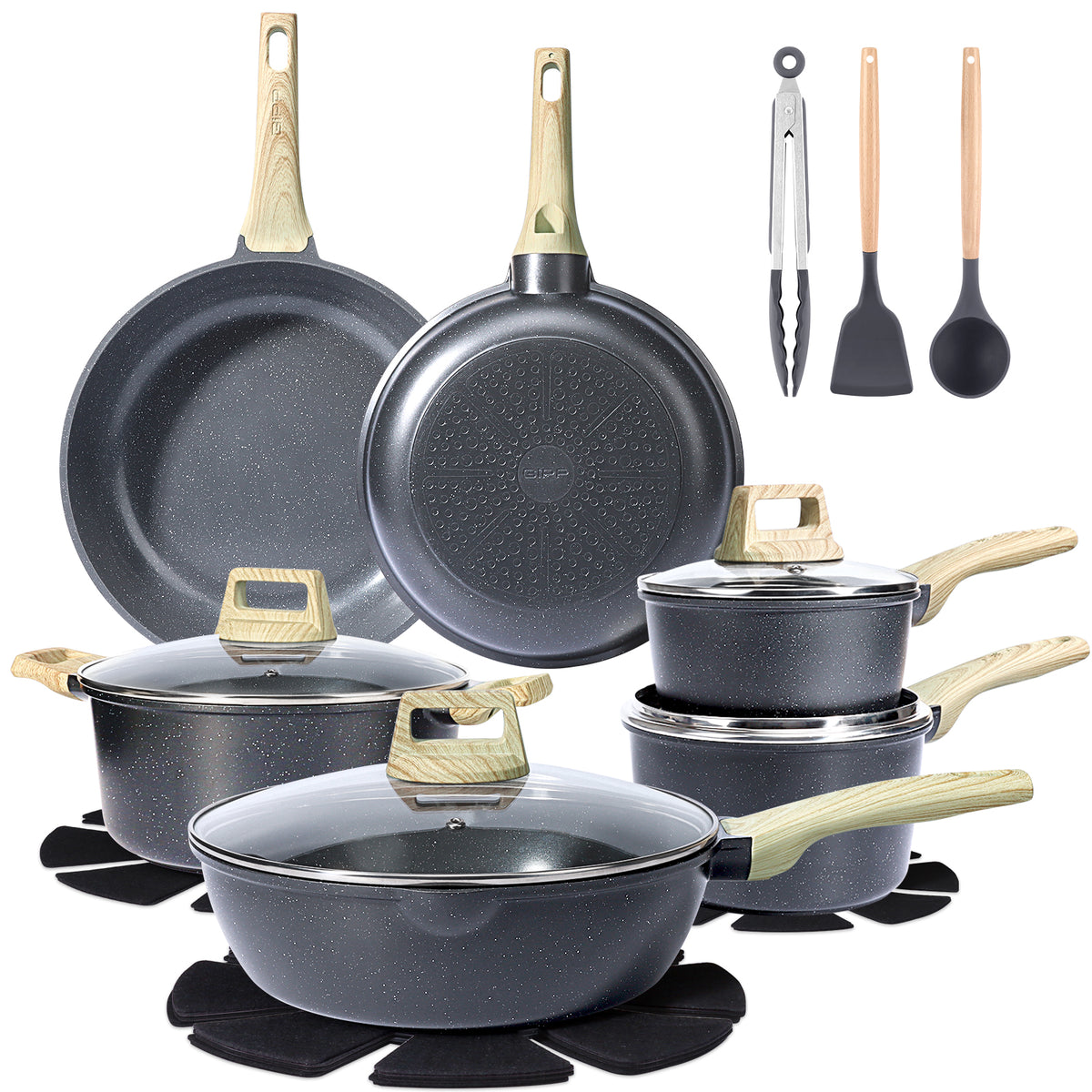 GiPP 21Pcs Nonstick Pots and Pans Set, Grey Granite, PFOS-Free
