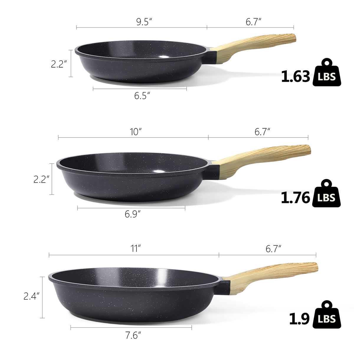 GIPP 3 Pcs Non Stick Frying Pan Set, 9.5”, 10”, 11” Ceramic Cookware with Induction Compatible,Dishwasher Safe,Kitchen Cooking Skillet Pans Set