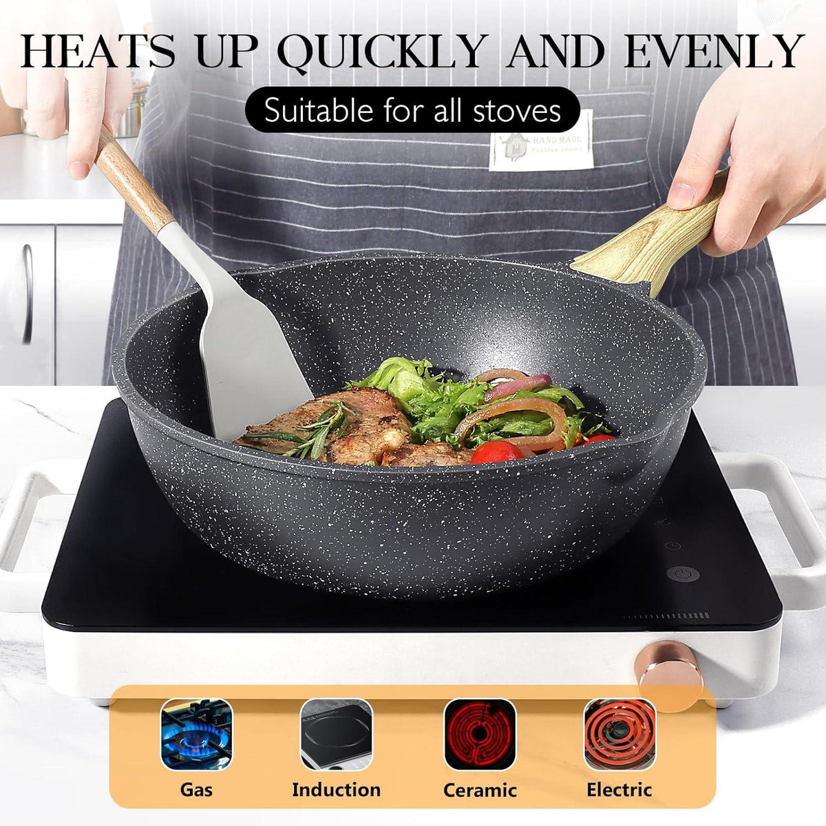 GiPP Nonstick Deep Frying Pan - 11 Inch Saute Pan with Lid Granite Induction Cookware, 4.5Qt Non Stick Woking Pan Skillet, PFOA PFOS APEO Free, Grey - GiPP Kitchenware