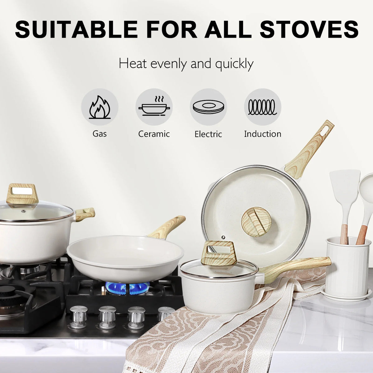 GIPP 10pcs Ceramic Coating Kitchen Cookware Sets,Pots and Pans Set Non stick,Dishwasher Safe Induction Cookware