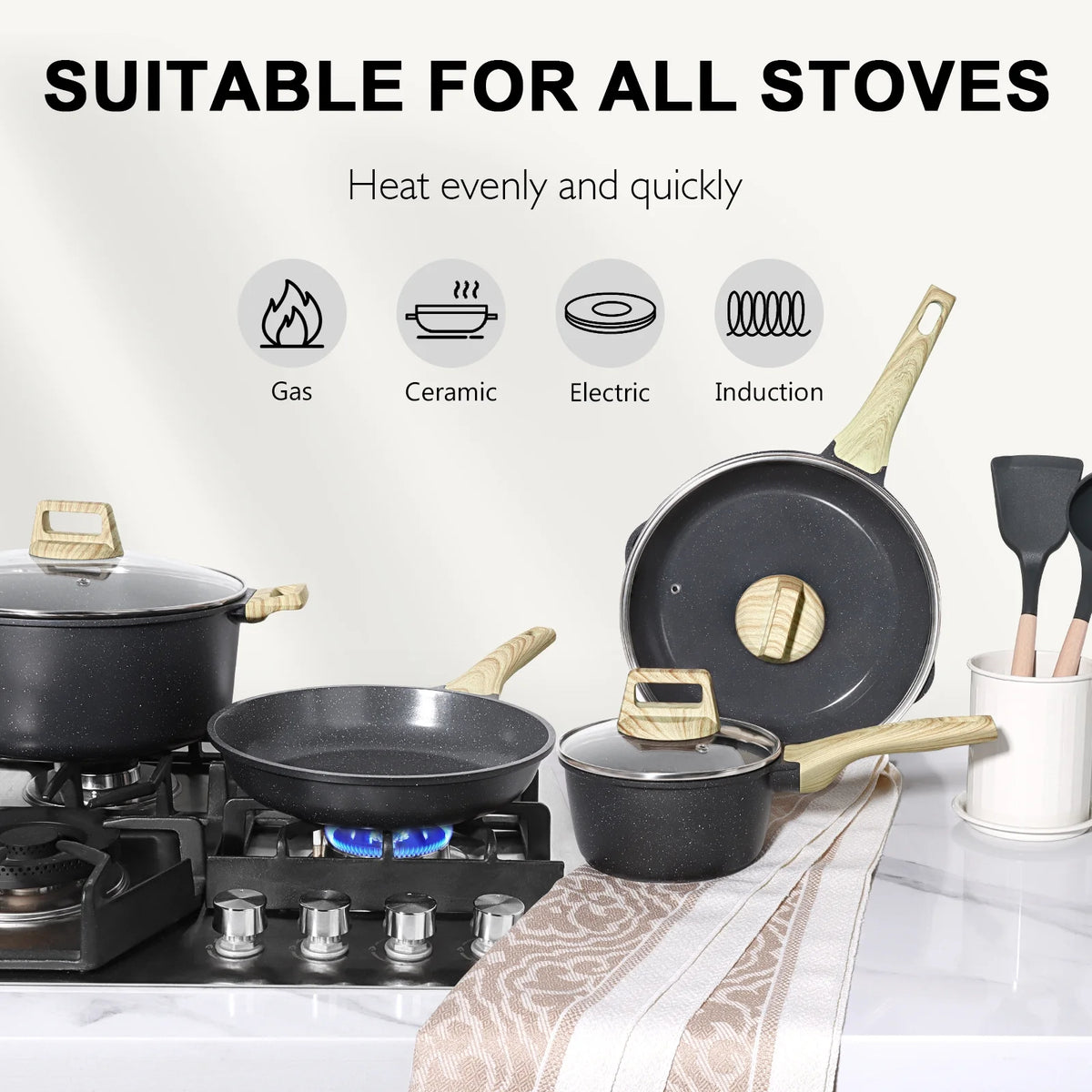 GIPP 10pcs Ceramic Coating Kitchen Cookware Sets,Pots and Pans Set Non stick,Dishwasher Safe Induction Cookware