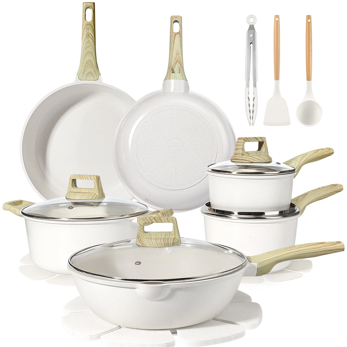 GIPP 18 Piece Kitchen Ceramic Cookware Sets with 11inch Frying Pan,Pots and Pans Set Non stick ,Dishwasher Safe Induction Compatible, Kitchen Cooking Set