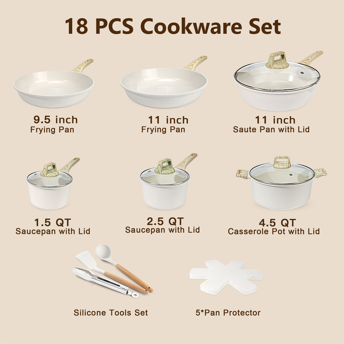GIPP 18 Piece Kitchen Ceramic Cookware Sets,Pots and Pans Set Non stick ,Dishwasher Safe Induction Compatible, Kitchen Cooking Set