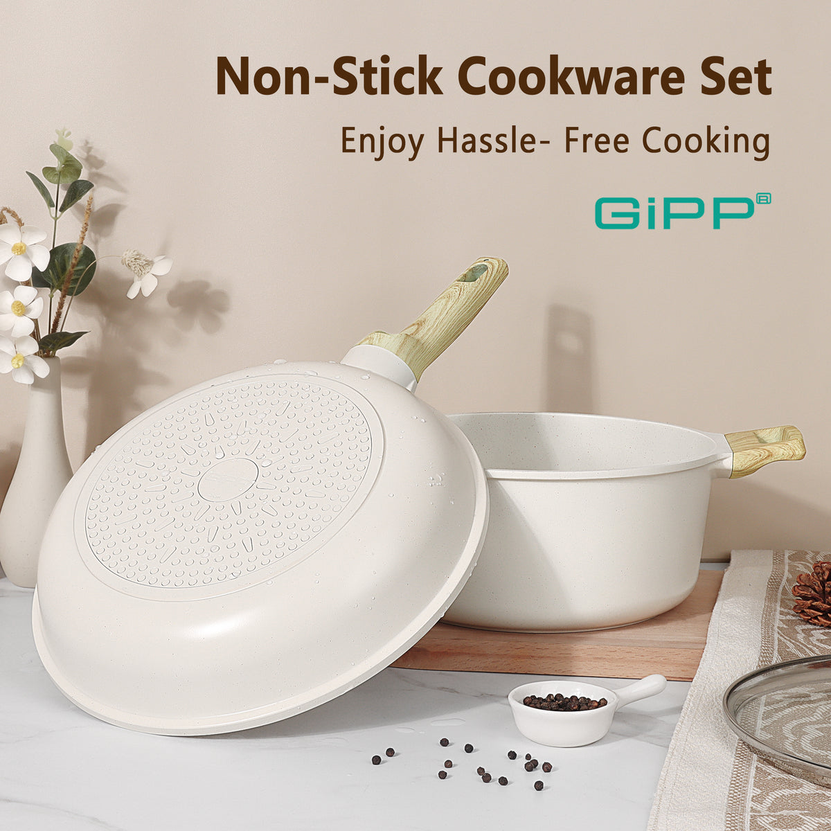 GIPP 18 Piece Kitchen Ceramic Cookware Sets with 11inch Frying Pan,Pots and Pans Set Non stick ,Dishwasher Safe Induction Compatible, Kitchen Cooking Set