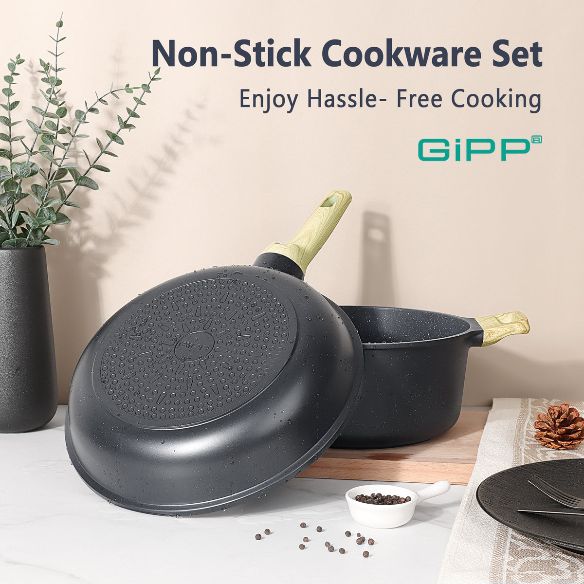 GIPP 18 Piece Kitchen Ceramic Cookware Sets with 11inch Frying Pan,Pots and Pans Set Non stick ,Dishwasher Safe Induction Compatible, Kitchen Cooking Set