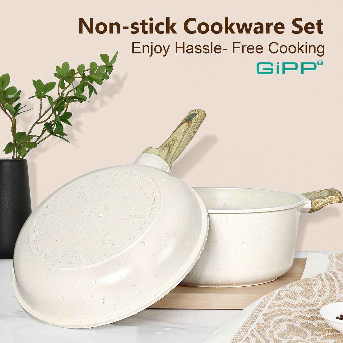 GIPP 18 Piece Kitchen Ceramic Cookware Sets,Pots and Pans Set Non stick ,Dishwasher Safe Induction Compatible, Kitchen Cooking Set