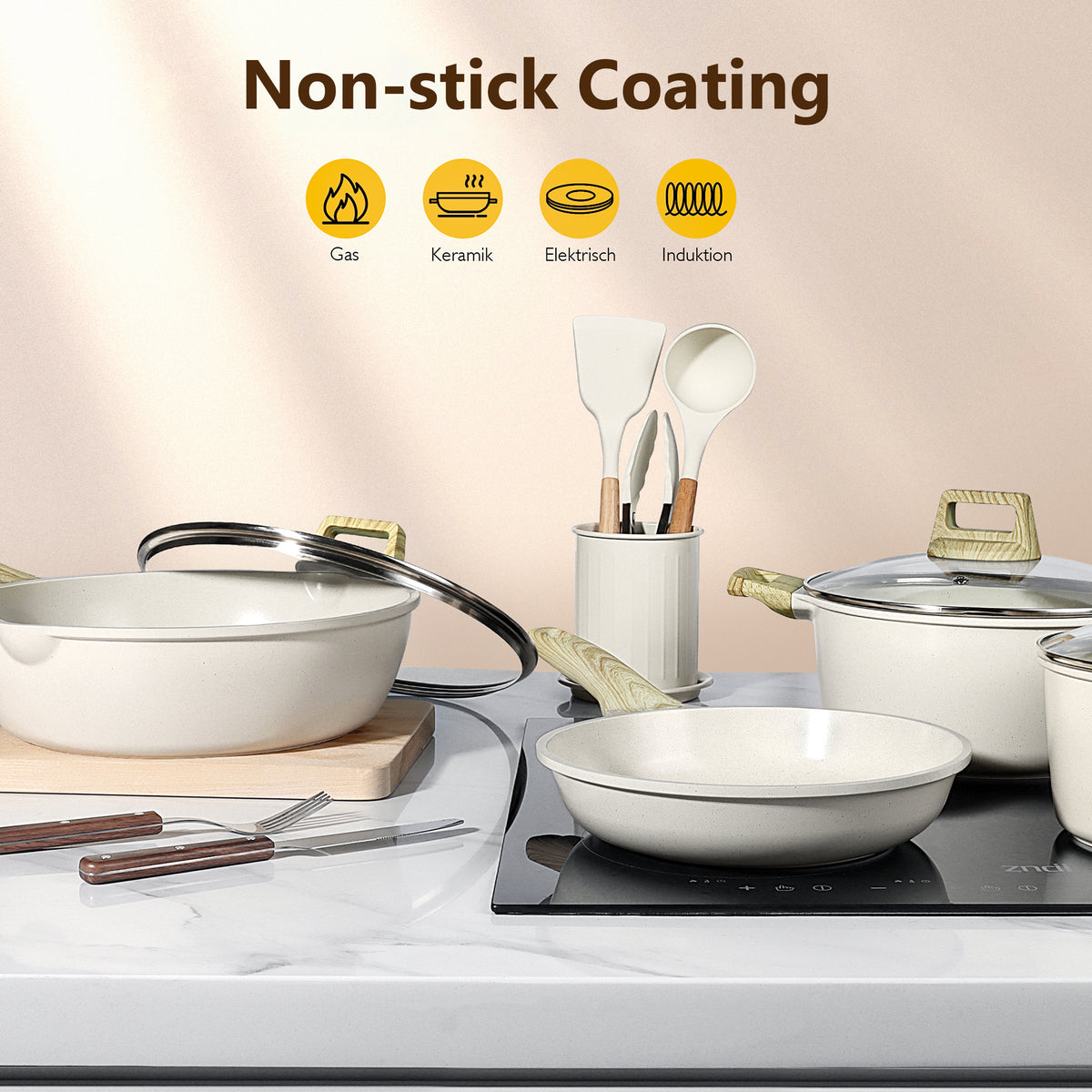 GIPP 18 Piece Kitchen Ceramic Cookware Sets,Pots and Pans Set Non stick ,Dishwasher Safe Induction Compatible, Kitchen Cooking Set