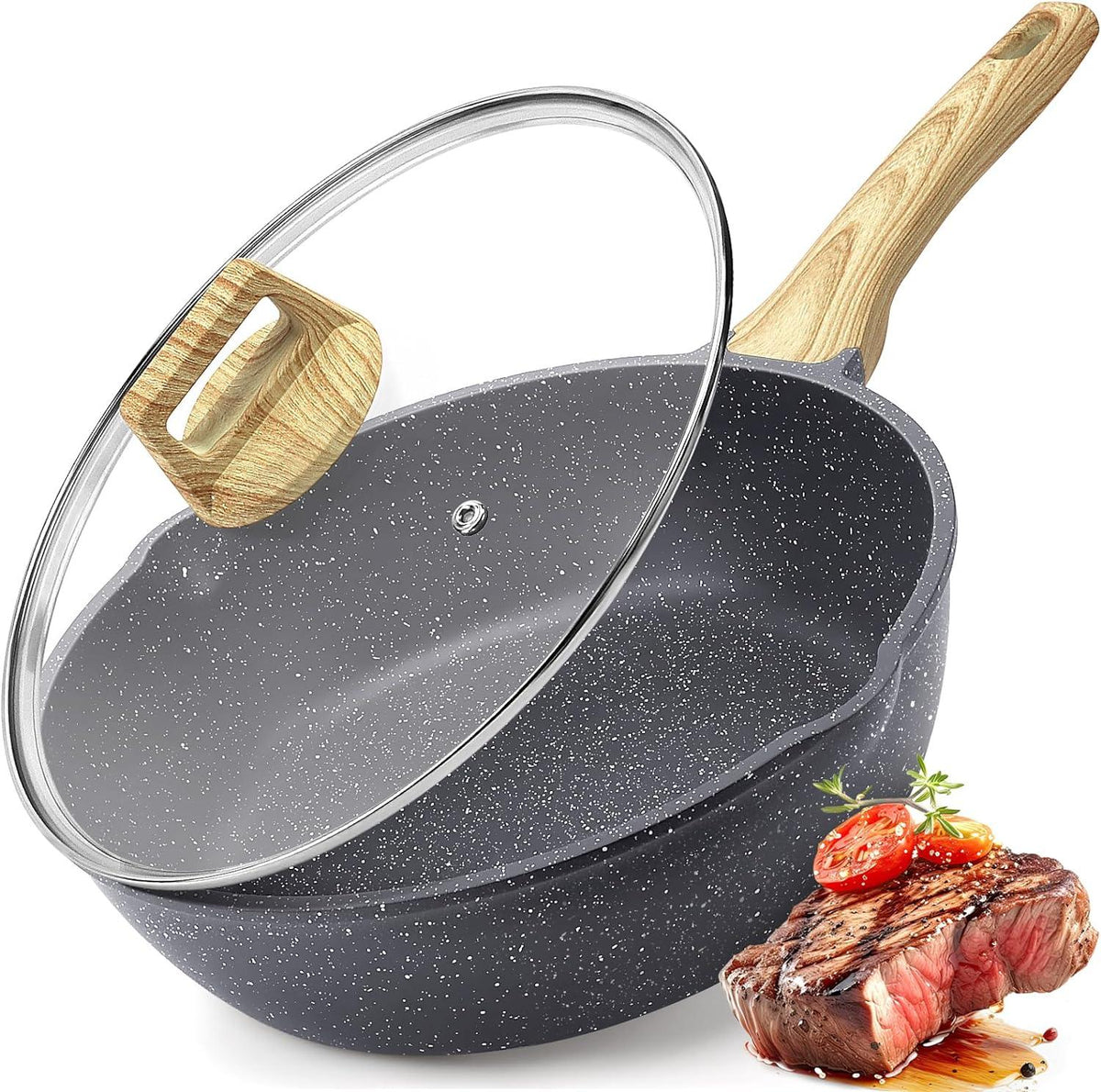 GiPP Nonstick Deep Frying Pan - 11 Inch Saute Pan with Lid Granite Induction Cookware, 4.5Qt Non Stick Woking Pan Skillet, PFOA PFOS APEO Free, Grey - GiPP Kitchenware