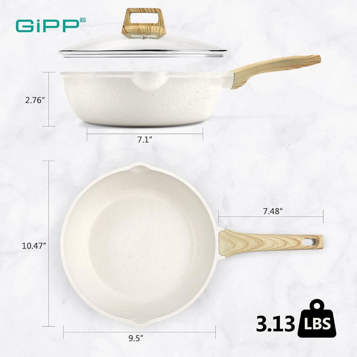 GiPP Nonstick Deep Frying Pan - 11 Inch Saute Pan with Lid Granite Induction Cookware, 4.5Qt Non Stick Woking Pan Skillet, PFOA PFOS APEO Free, Grey - GiPP Kitchenware
