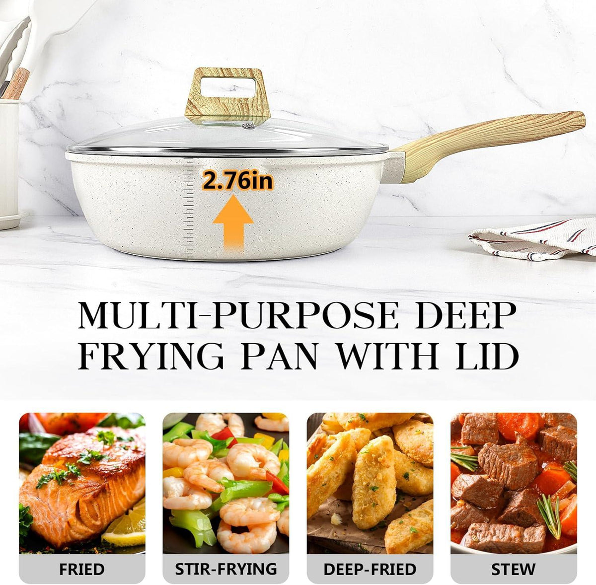 GiPP Nonstick Deep Frying Pan - 11 Inch Saute Pan with Lid Granite Induction Cookware, 4.5Qt Non Stick Woking Pan Skillet, PFOA PFOS APEO Free, Grey - GiPP Kitchenware
