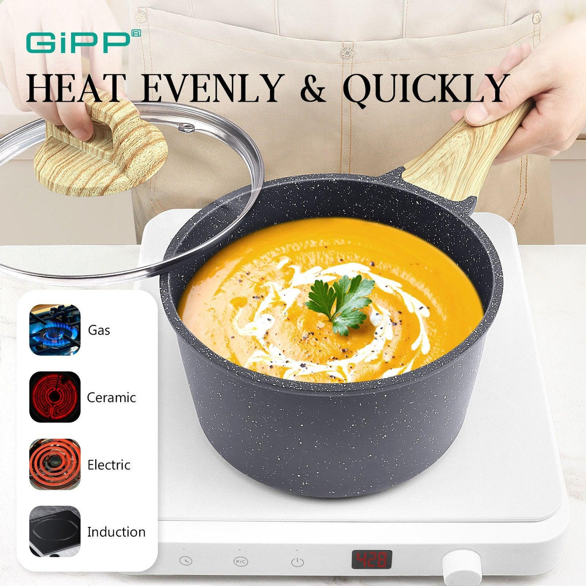 GiPP 21Psc Pots and Pans Set Non Stick - Grey Granite Kitchen Cookware Sets Nonstick Induction Cookware Non-toxic Cooking Pan Set with Silicone Utensils, PFOS and PFOA Free - GiPP Kitchenware
