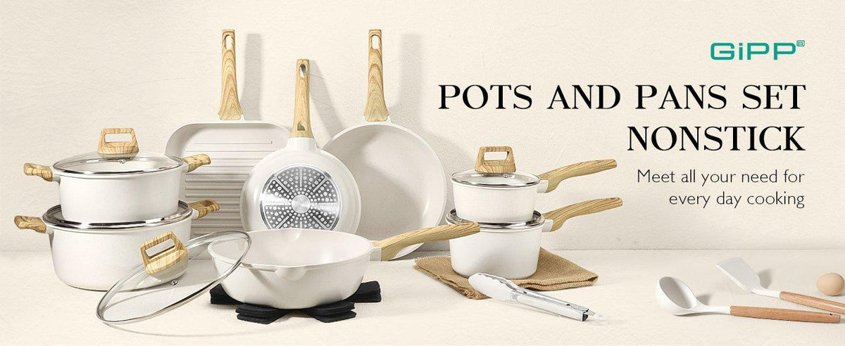 GiPP 21Psc Pots and Pans Set Non Stick - Grey Granite Kitchen Cookware Sets Nonstick Induction Cookware Non-toxic Cooking Pan Set with Silicone Utensils, PFOS and PFOA Free - GiPP Kitchenware
